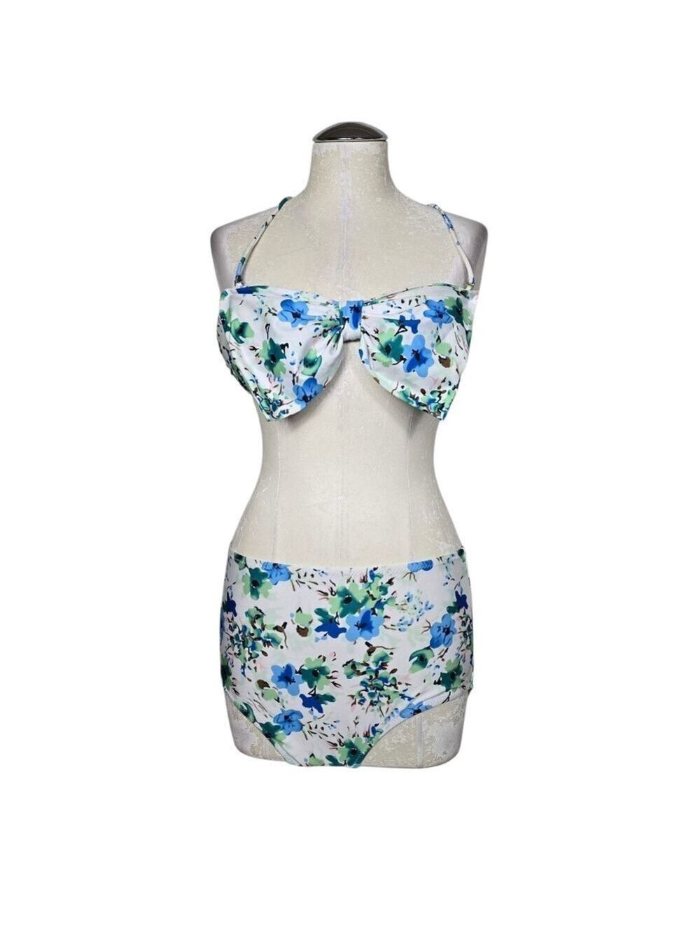 Floral 2 Piece Bikini High Waist Swimwear XL Green White Blue